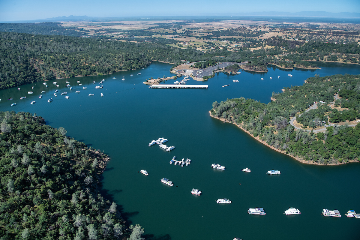 An aerial view of Lake Oroville Marina showing Lake Oroville at an elevation of 894 feet, or 97 percent of total capacity.
